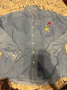 Vintage Light Blue Denim Button-Up Shirt with Embroidered M&M Characters- Med